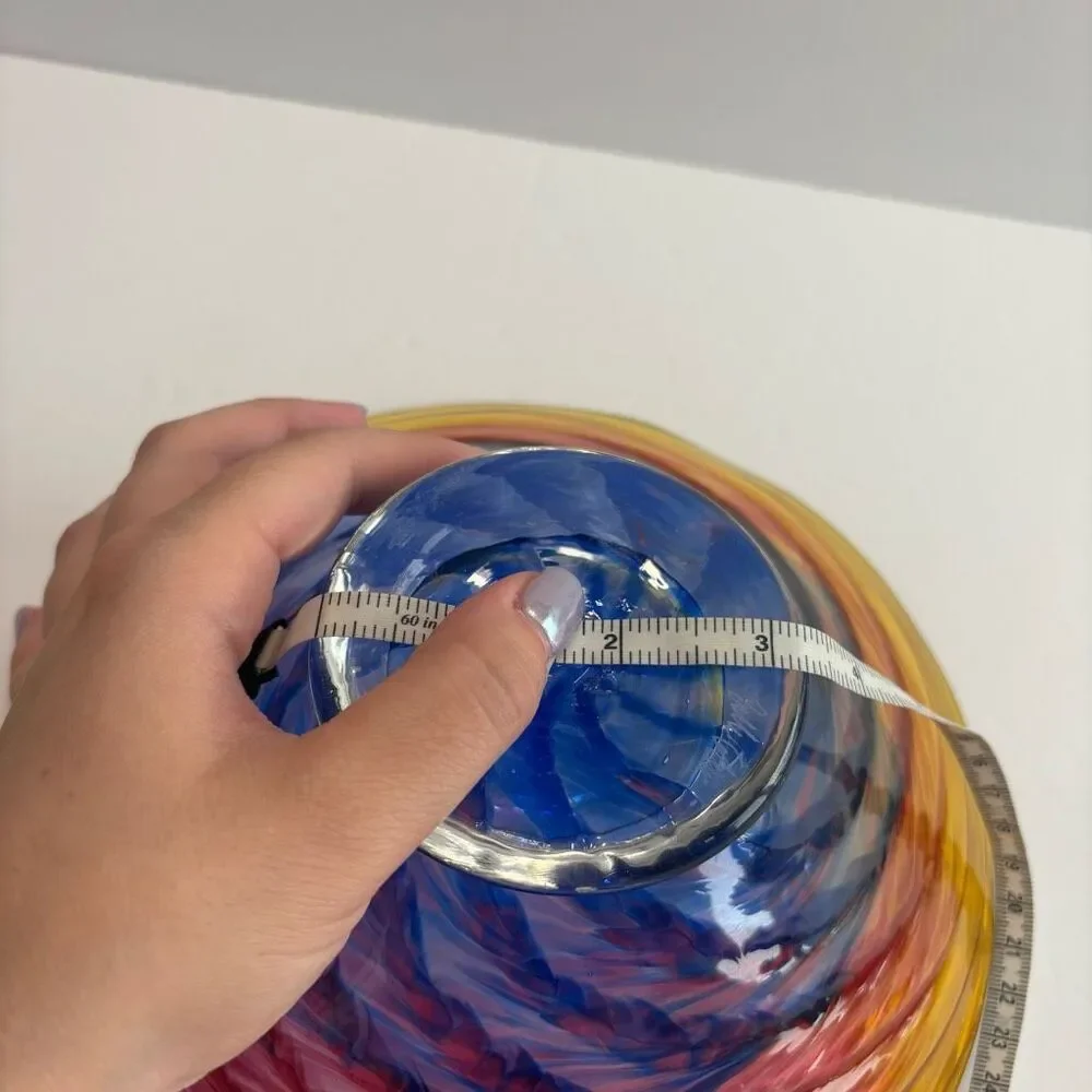 Hand Blown Glass Footed Wide Rim 9” Multicolor Swirl Glass Bowl